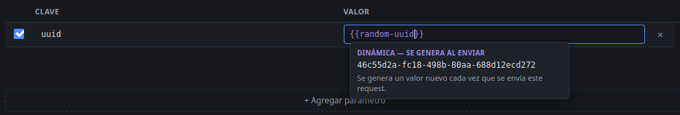 A request param named uuid with value {{$random_uuid}}, showing a popover labeled 'DYNAMIC — GENERATED ON SEND' with a live-resolved UUID preview