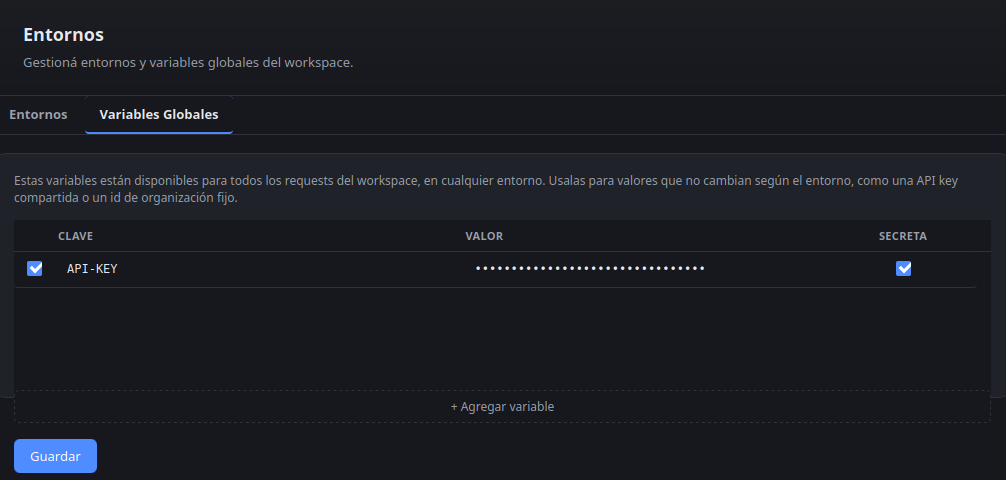 Environment editor showing an API-KEY variable marked as Secret, its value masked as a row of dots